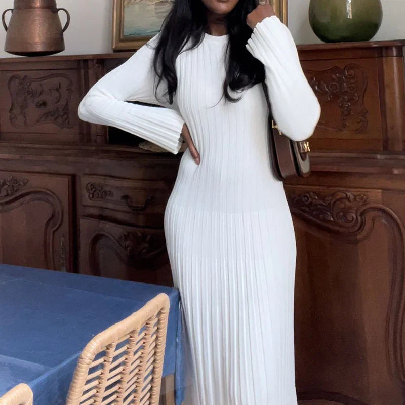 Ribbed Knit Crew Neck Maxi Dress