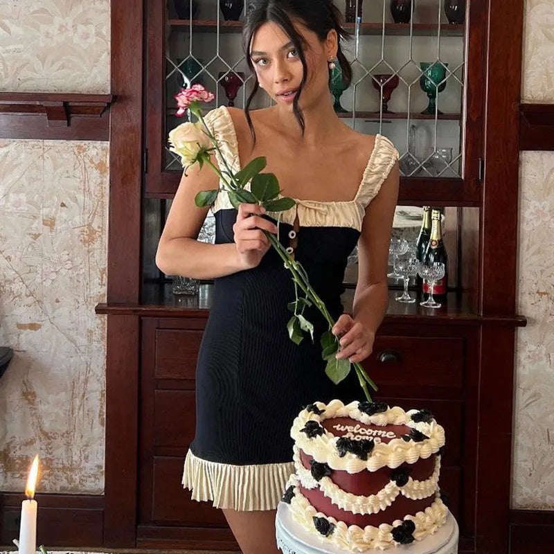 Button Lace Tank Backless Mini Dress