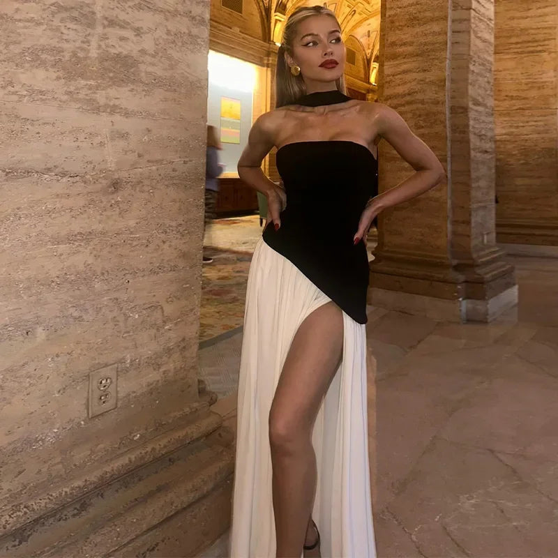 Patchwork Strapless Split Maxi Dress