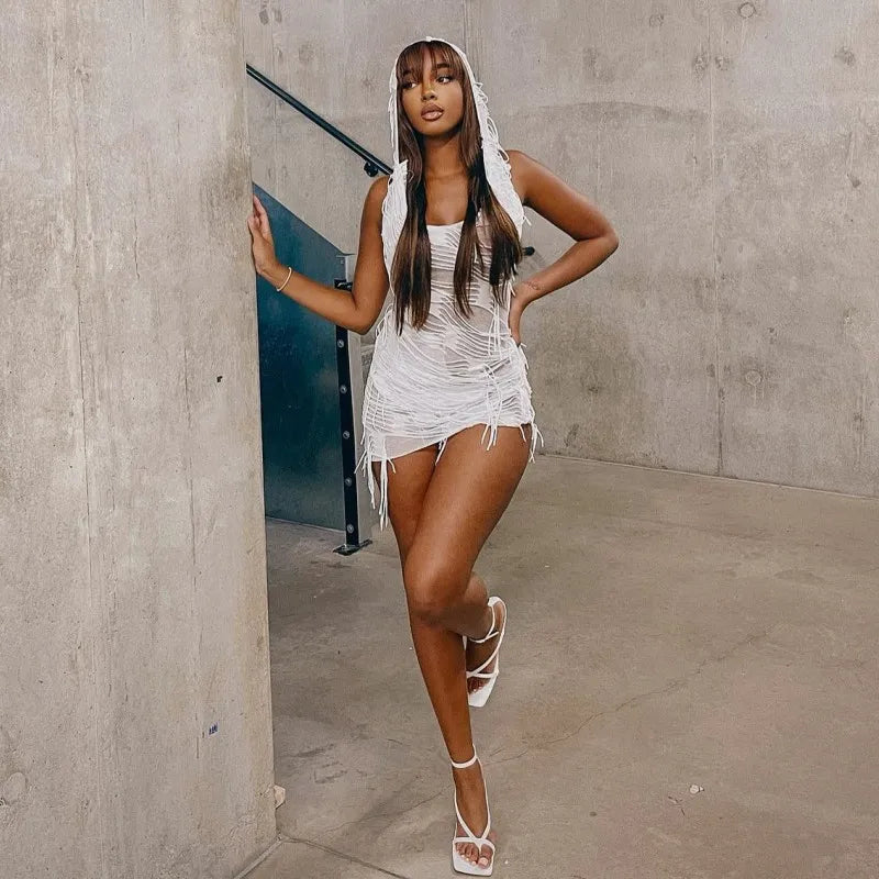 Tassel Hooded Slim Solid Mini Dress