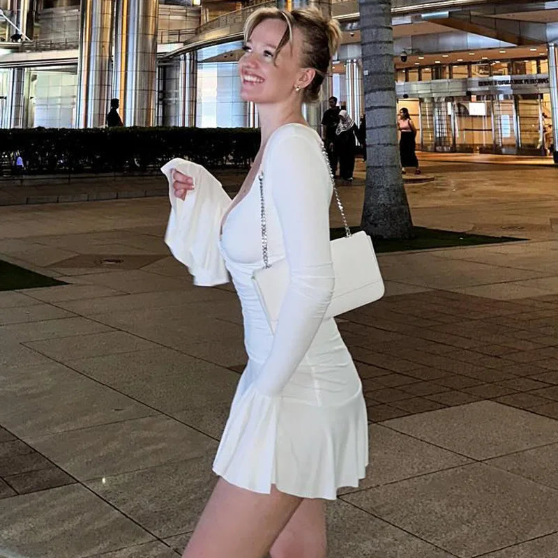 Ruffle Patchwork Solid V Neck Mini Dress