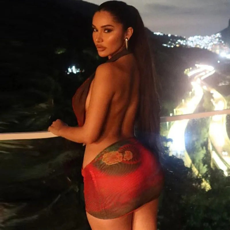 Flower Tie-Dye Halter Bodycon Mini Dress