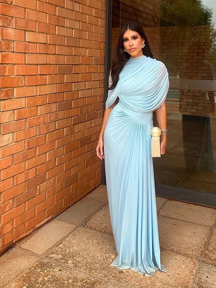 Pleated Stand Neck Blue Maxi Dress