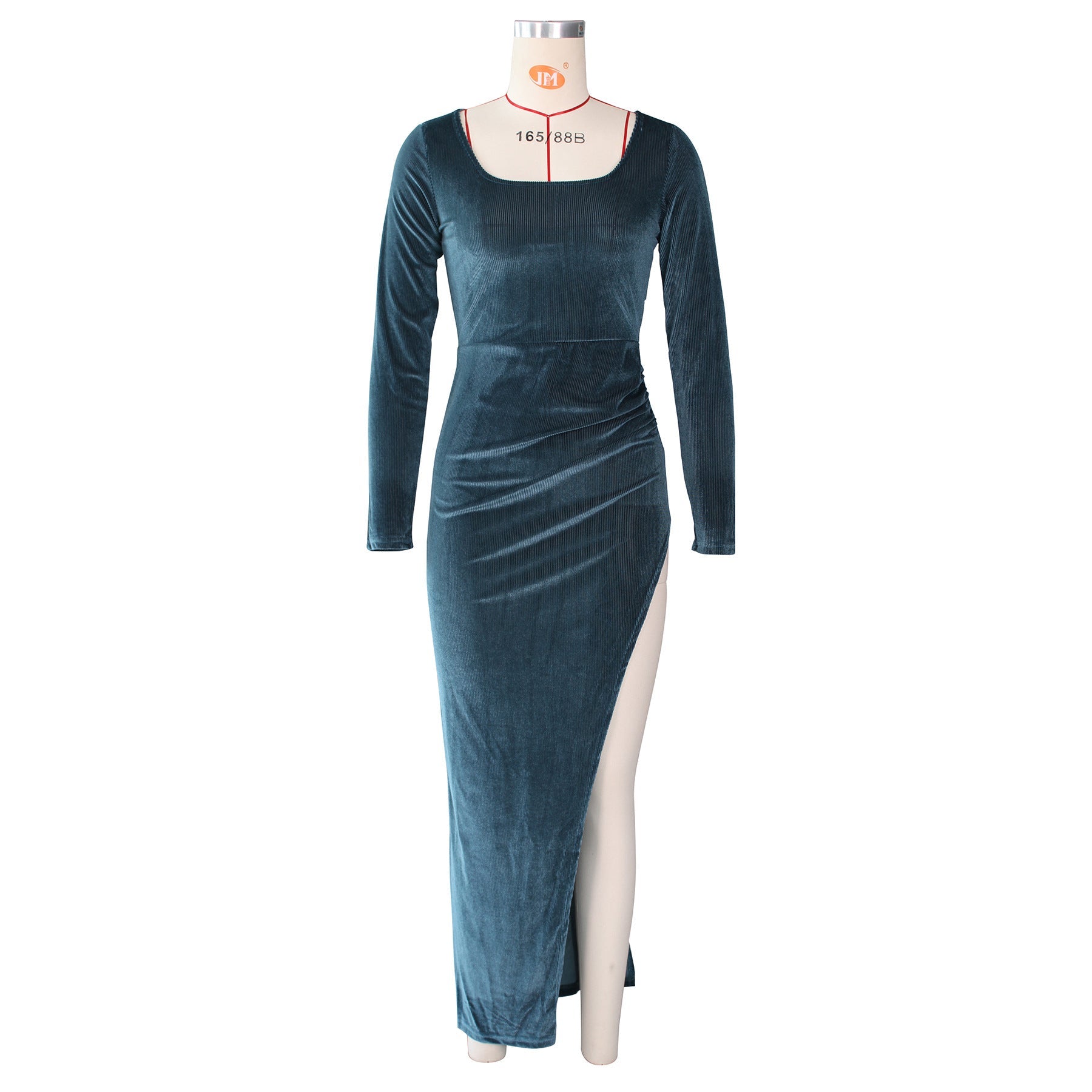Elegant Velvet High Waist Slit Maxi Dress Sexy Long Sleeve Evening Party Dress