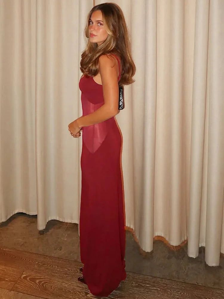 Mesh Patchwork Backless Maxi Dress