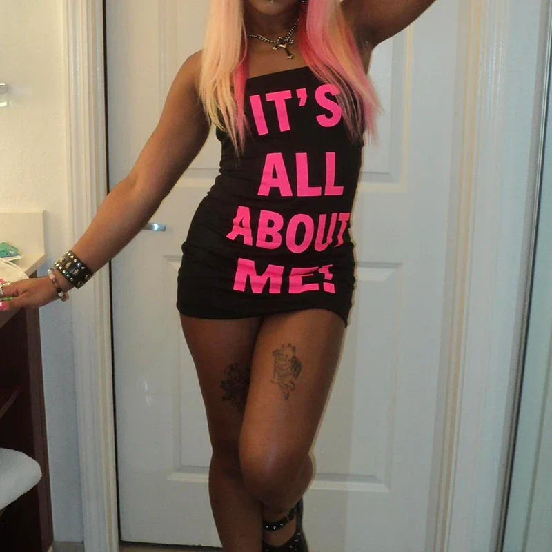 Letter Print Tube Y2K Club Mini Dress