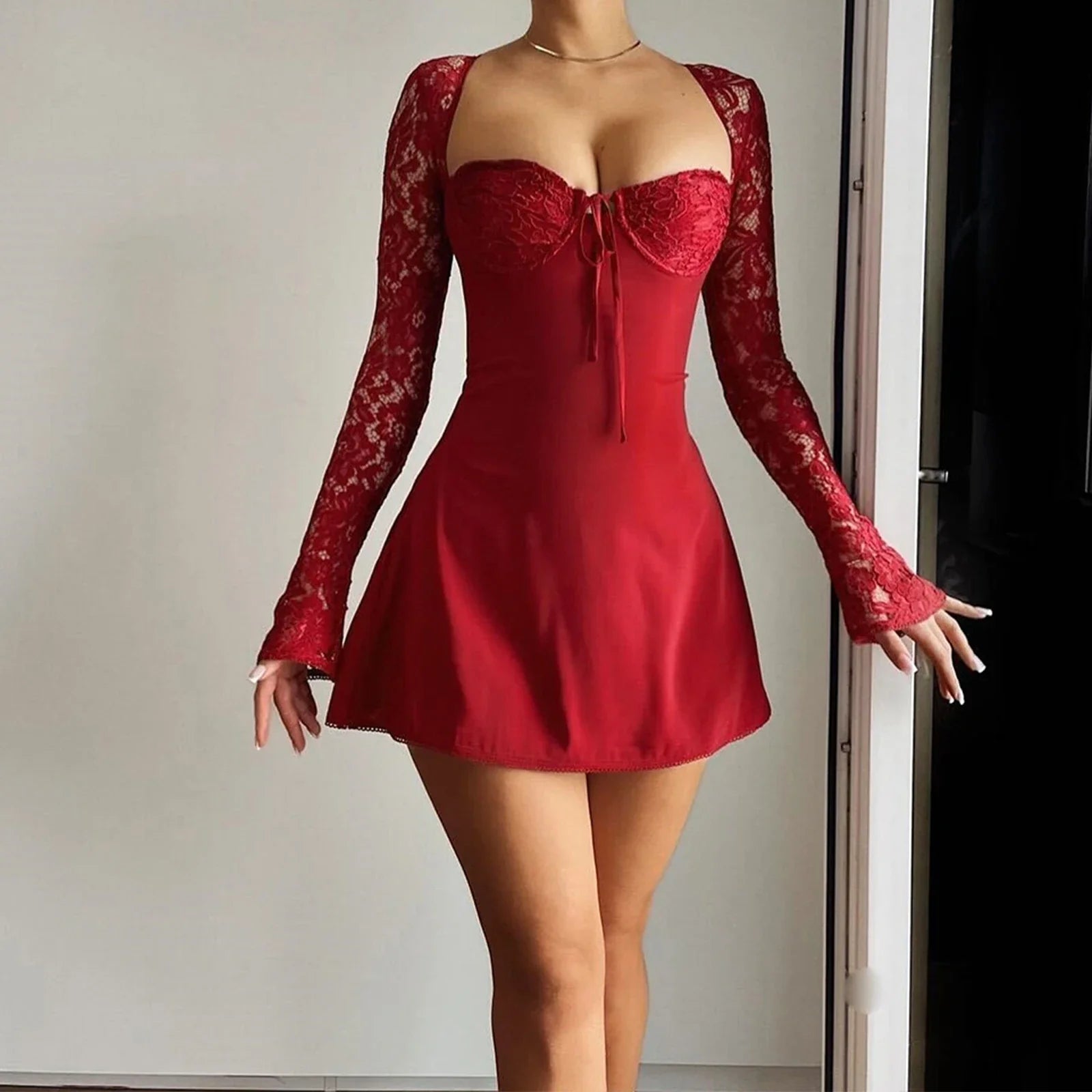 Lace Patchwork Tie Back Long Sleeve Mini Dress