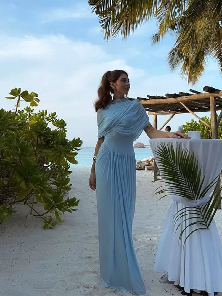 Pleated Stand Neck Blue Maxi Dress