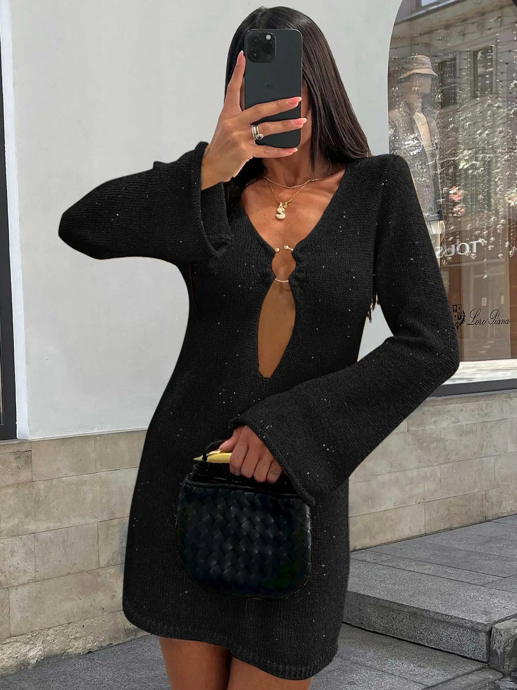 Knitted Flared Sleeve V Neck Mini Dress