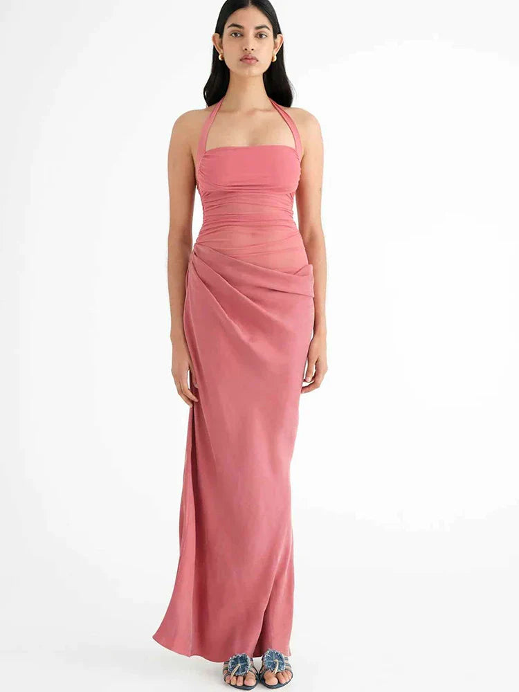 Hollow Patchwork Halter Maxi Dress