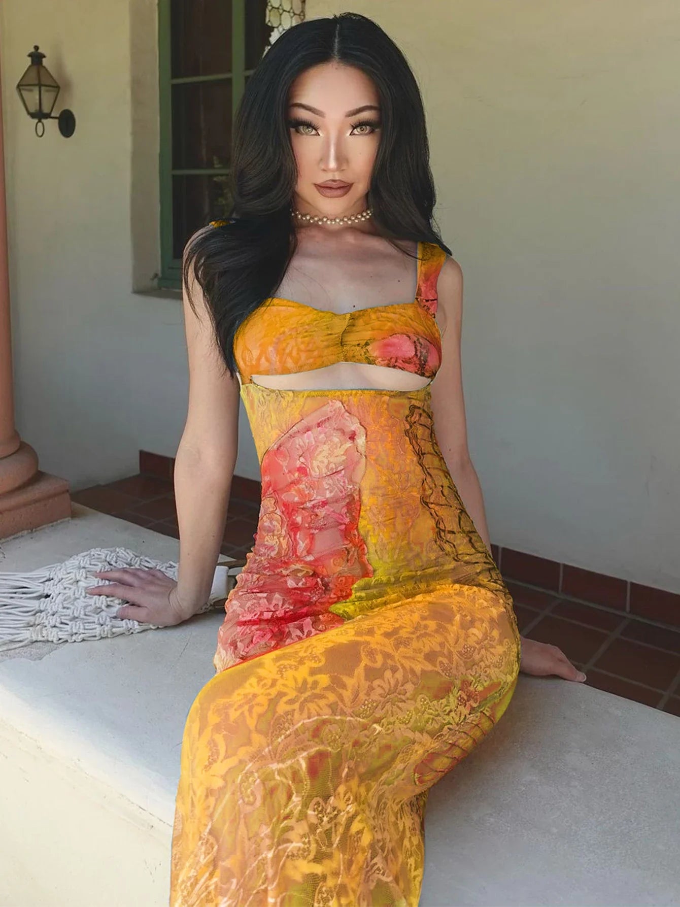 Lace Cut Out Bodycon Maxi Dress