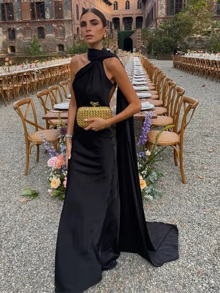 Satin Scarf Collar Halter Maxi Dress