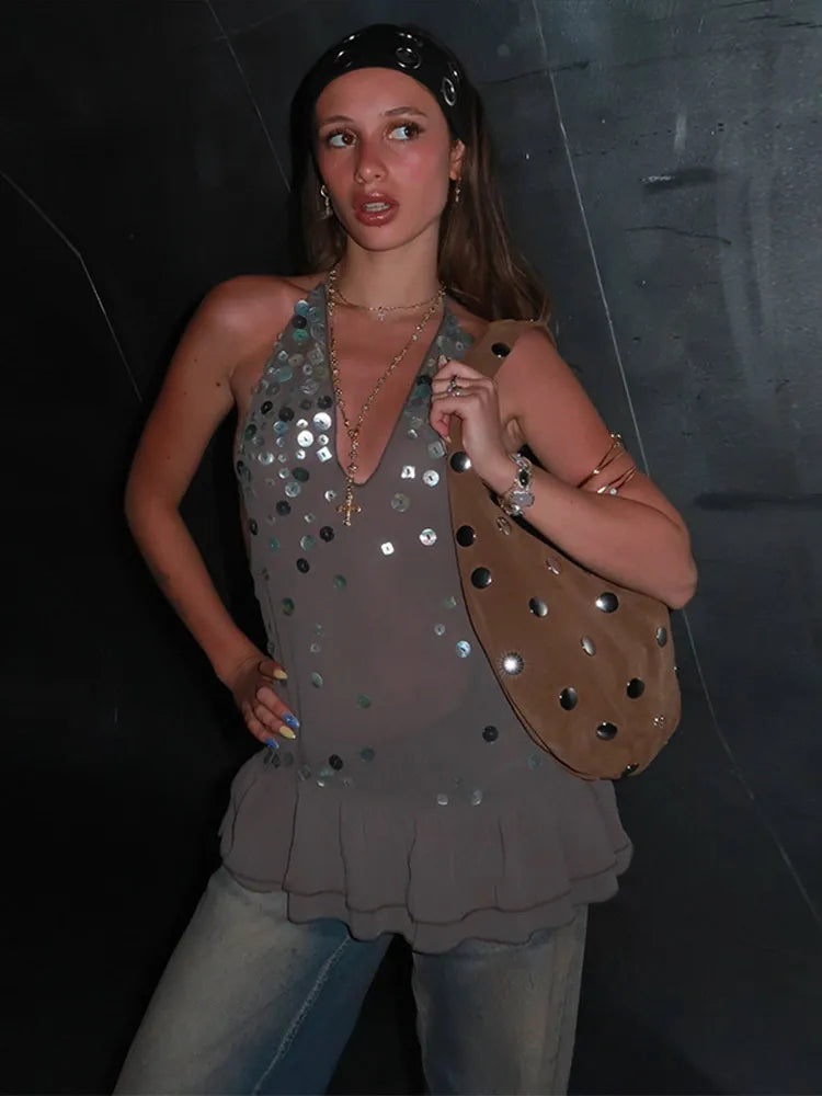 Sequin Lace-Up Ruffle A-Line Mini Dress