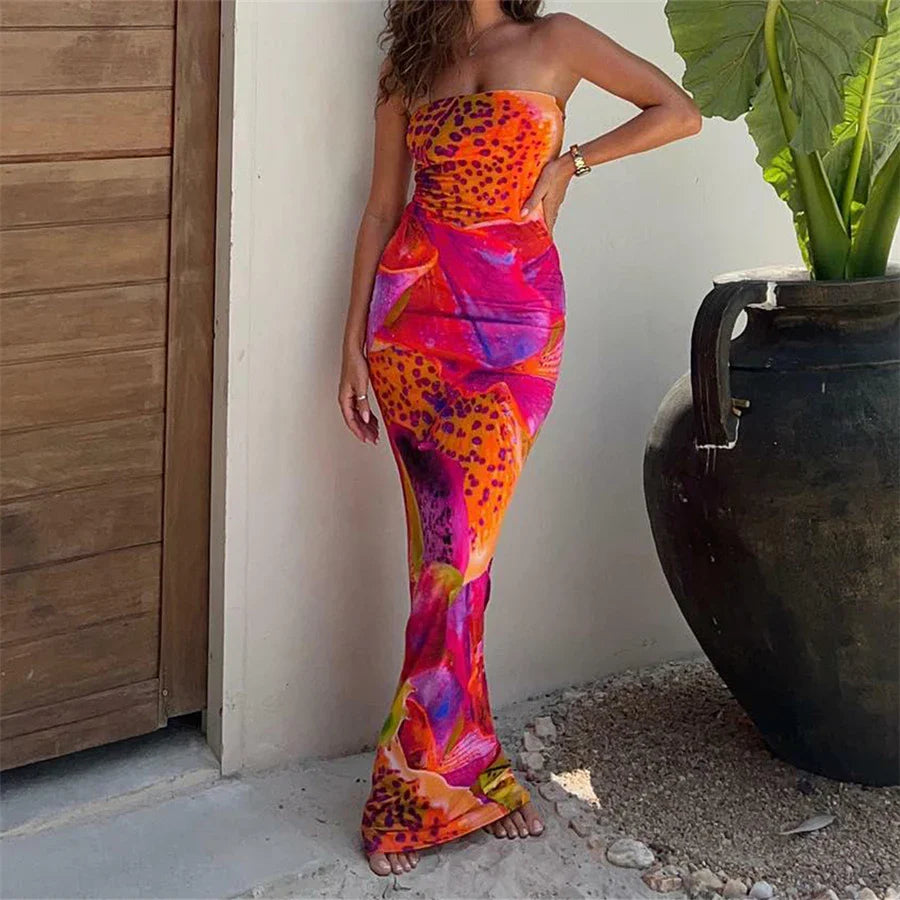 Leopard Print Strapless Maxi Dress