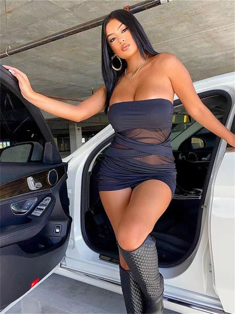 Sheer One-Line Collar Wrap Mini Dress