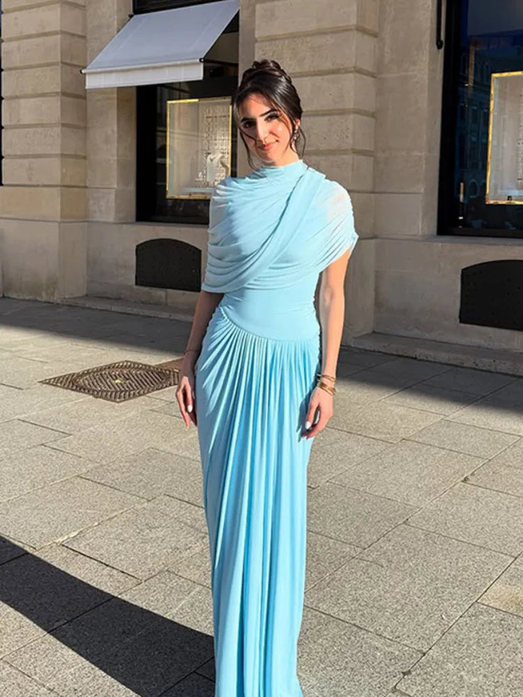 Pleated Stand Neck Blue Maxi Dress