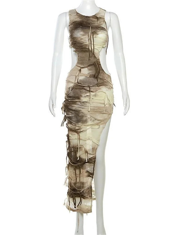 2024 Tie Dye Tassels Sleeveless Maxi Dress Cut Out Bodycon Dresses