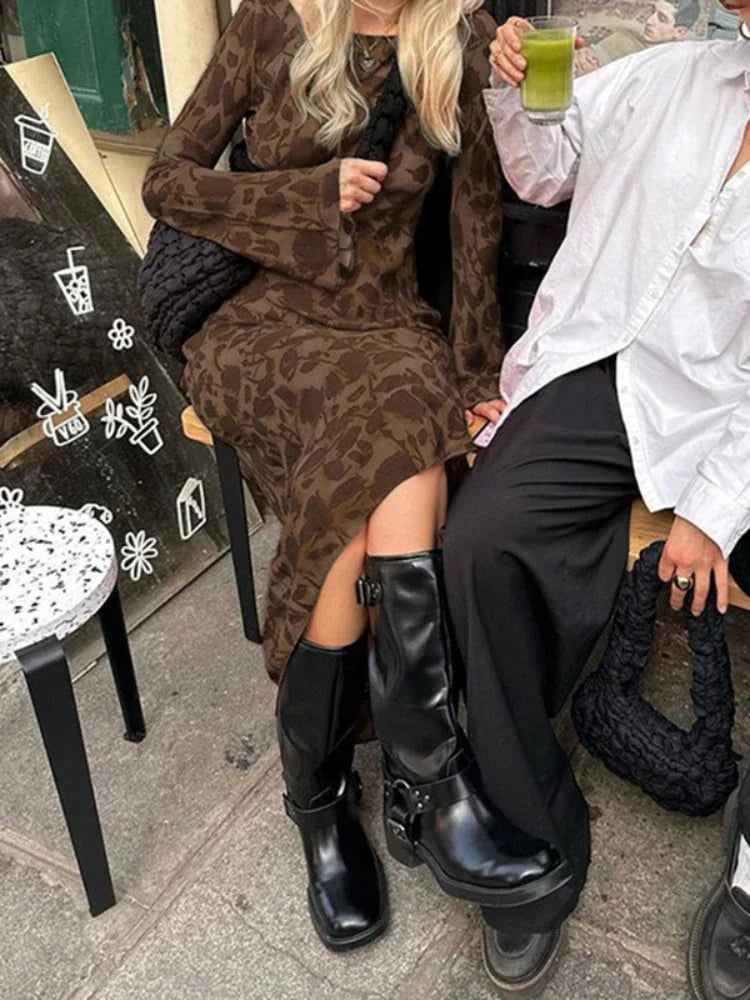 2024 New Street Slim Retro Print High Waist Femme Bodycon Maxi Dress