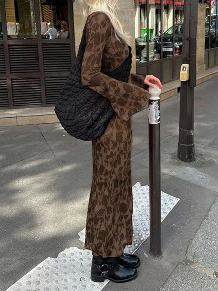 2024 New Street Slim Retro Print High Waist Femme Bodycon Maxi Dress