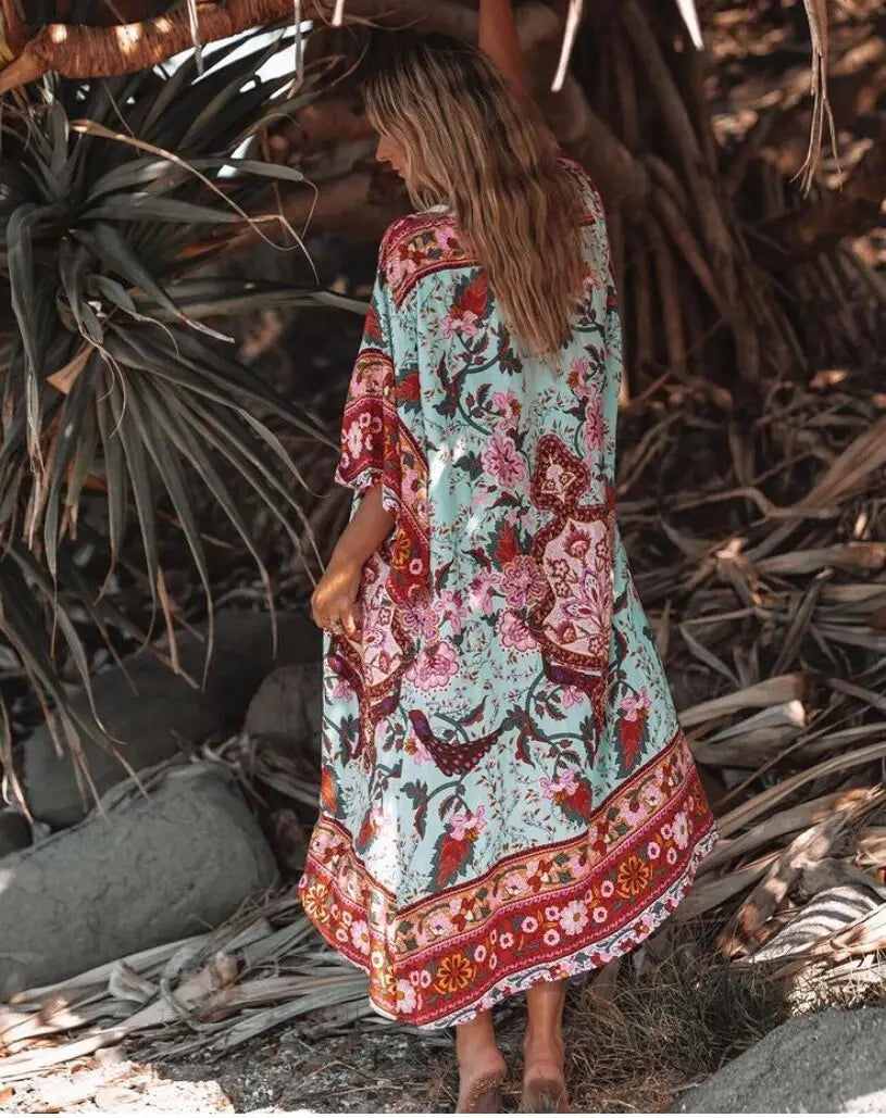 Long Boho Kaftan Rayon Floral Print Bikini Cover Up - Fashionpara