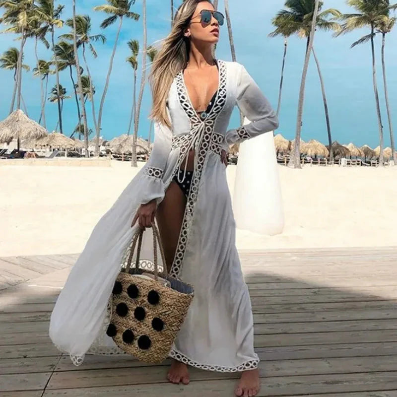 Sexy Deep V-neck White Lace Boho Kimono Bikini Cover up