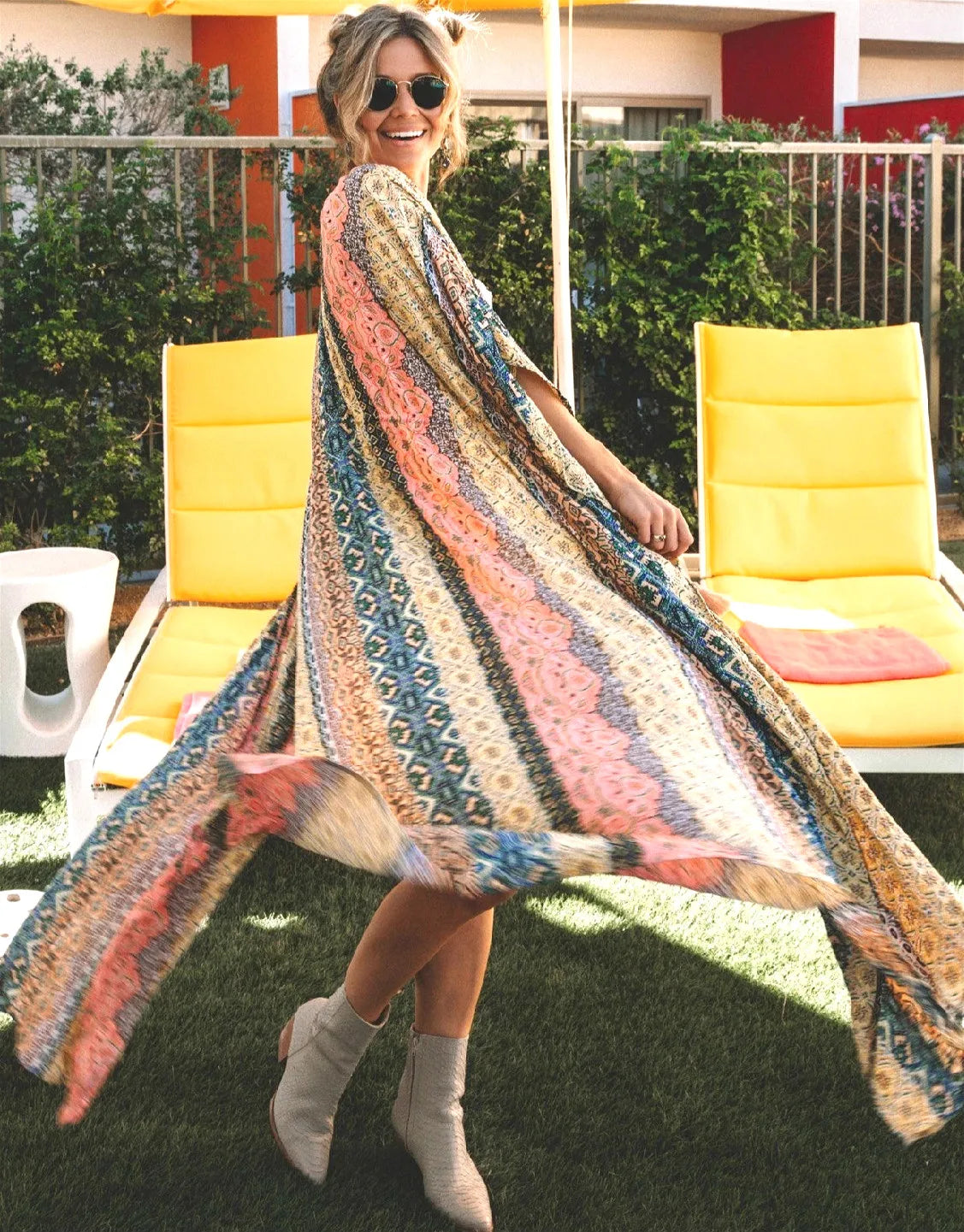 Tassel Lace-up Kimono Cotton Printed Bikini Cover up - Fashionpara