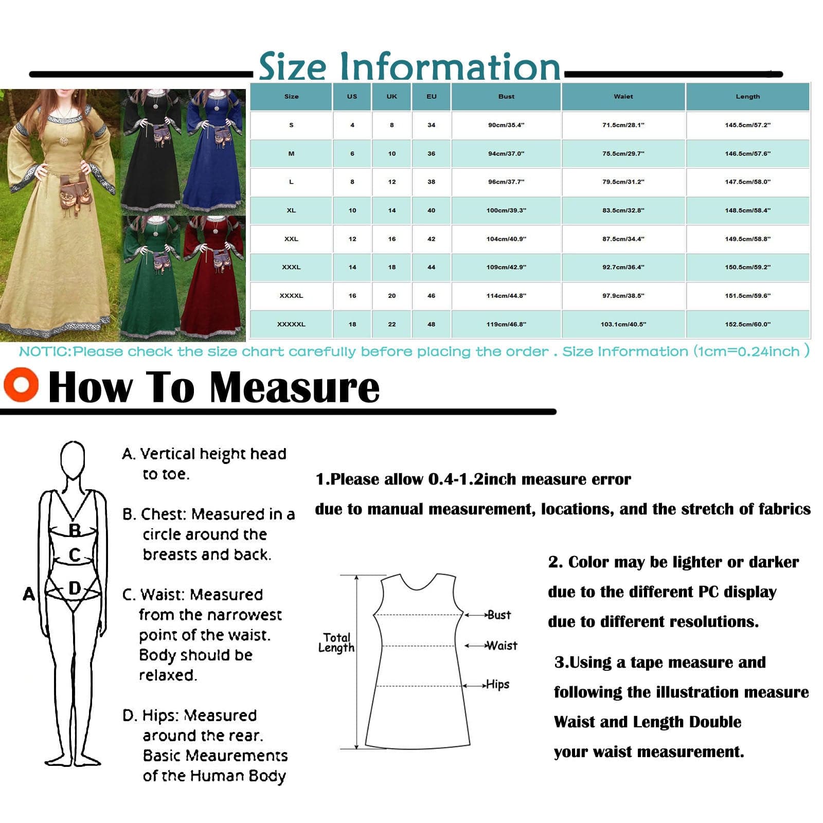 Women Medie Dress Renaiss Fit Irregular Long Sleeve Cosplay Maxi Dress