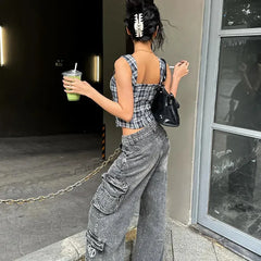 Y2K Plaid Lace Up Top