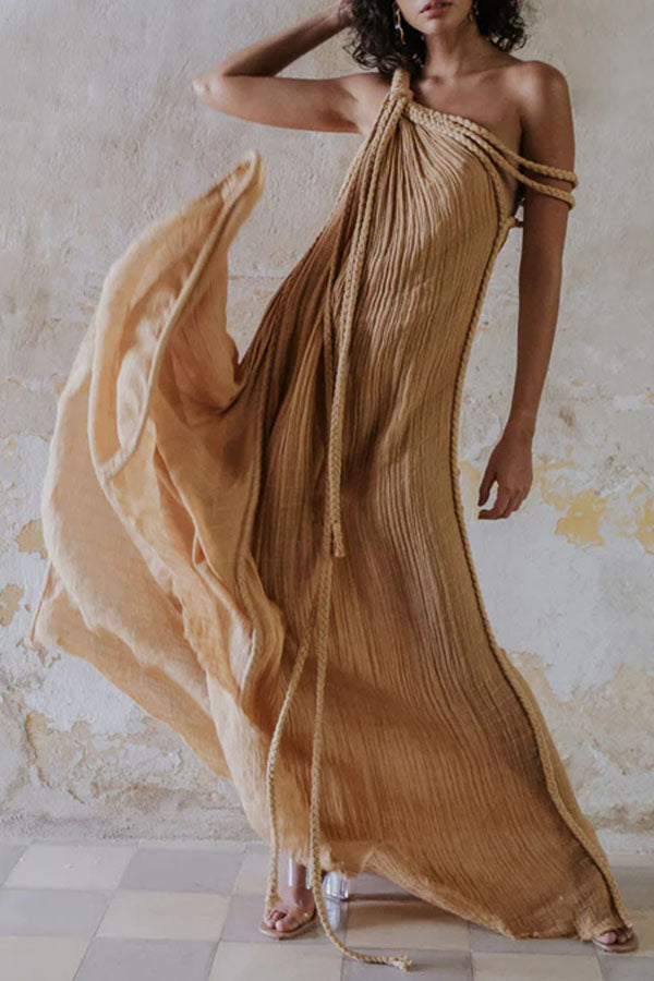 Khloe Linen Blend One Shoulder Draped Braids Cover Up Maxi Dress