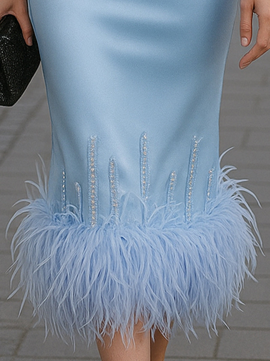 Elegant  Blue Satin Feather-Hem Midi Cocktail Dress