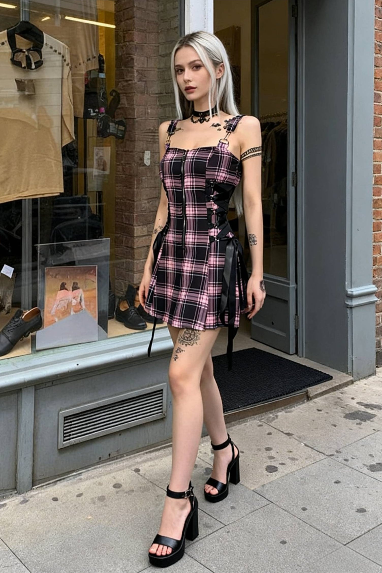 High Waist Spaghetti Strap Plaid Mini Dress