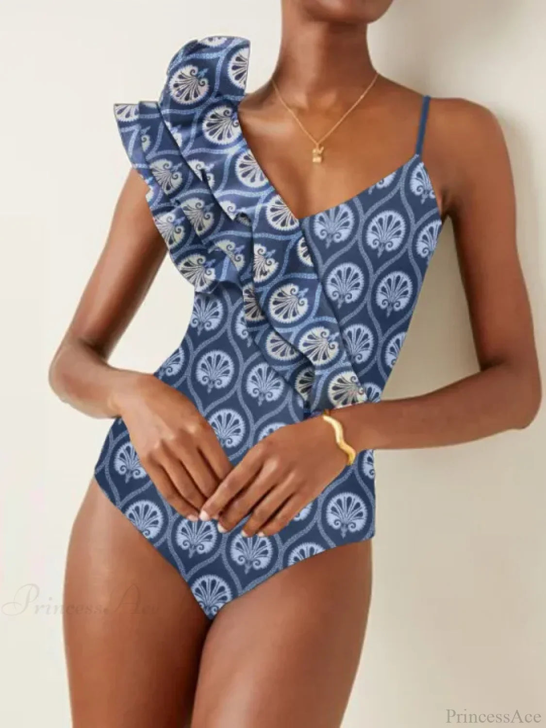 Blue Printed Deep V One Piece Swimsuit Blue / S onepiece-250223