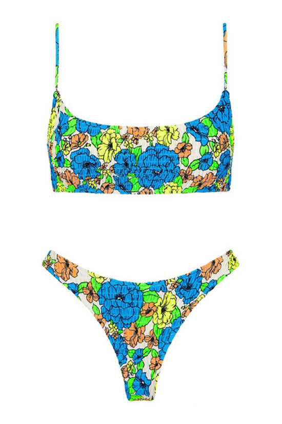 Boho Chic Floral Print Shirred Bralette Bikini Two Piece Swimsuit