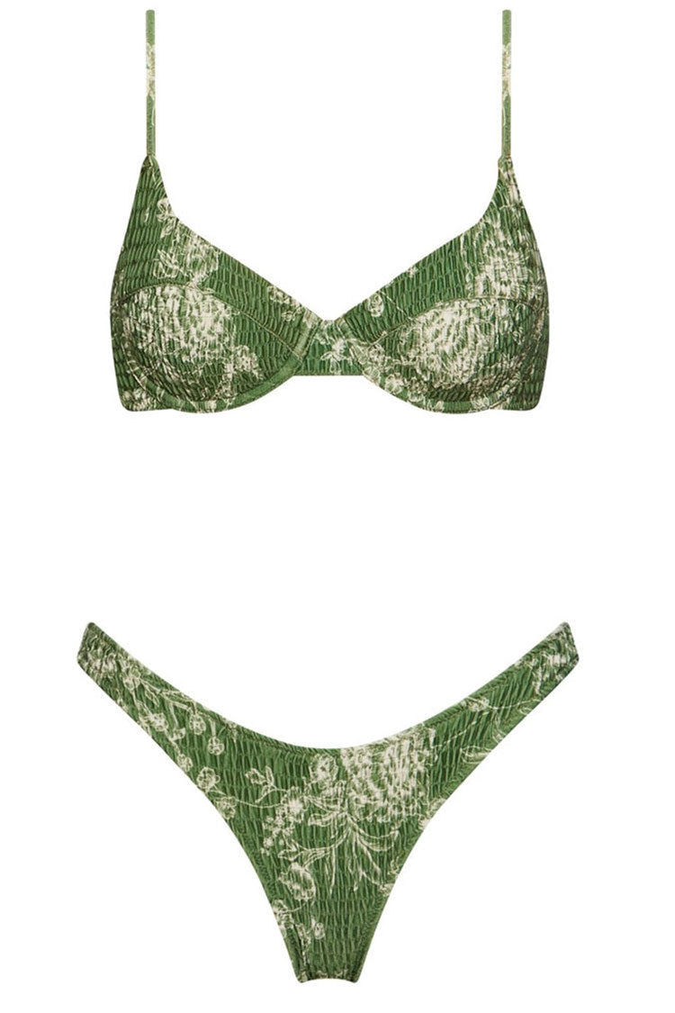 Boho Chic Floral Print Shirred Underwire Bikini Two Piece Swimsuit