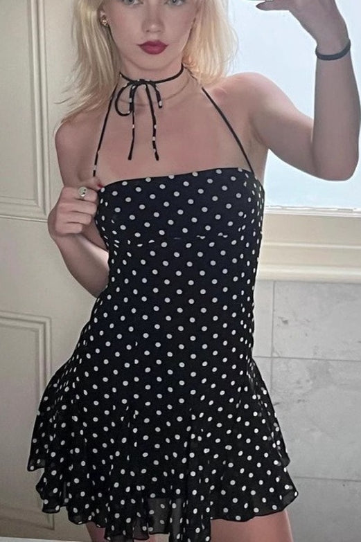 Polka Dot Halter Neck Backless Bodycon Mini Dress