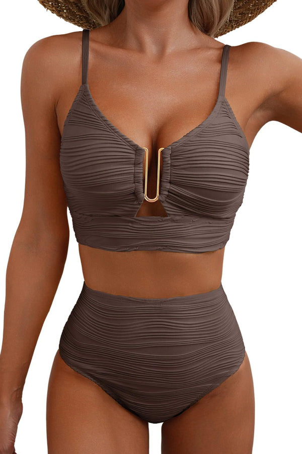 Solid Color V-neck Hollowed-out Pleated High Waist Stretch Two-Piece Bikini Swimsuit
