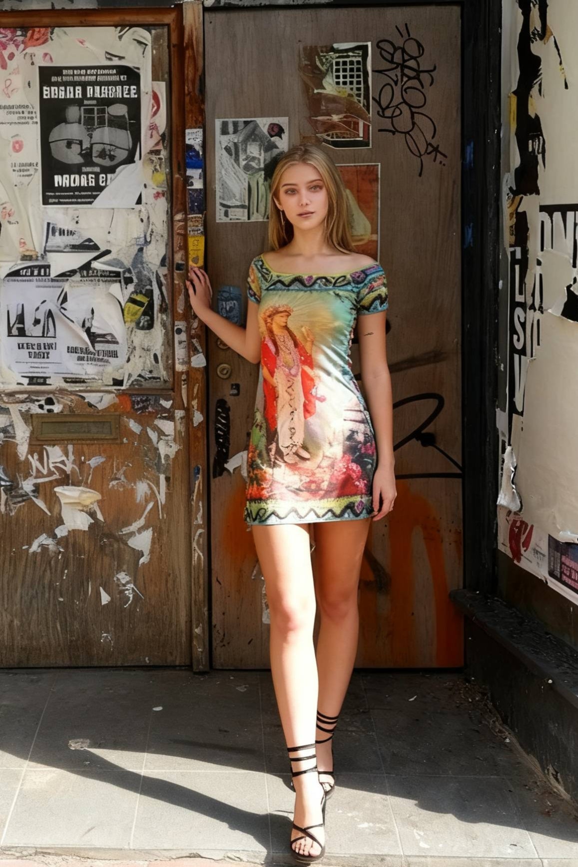 Y2K Mesh Print Crew Neck Mini Dress