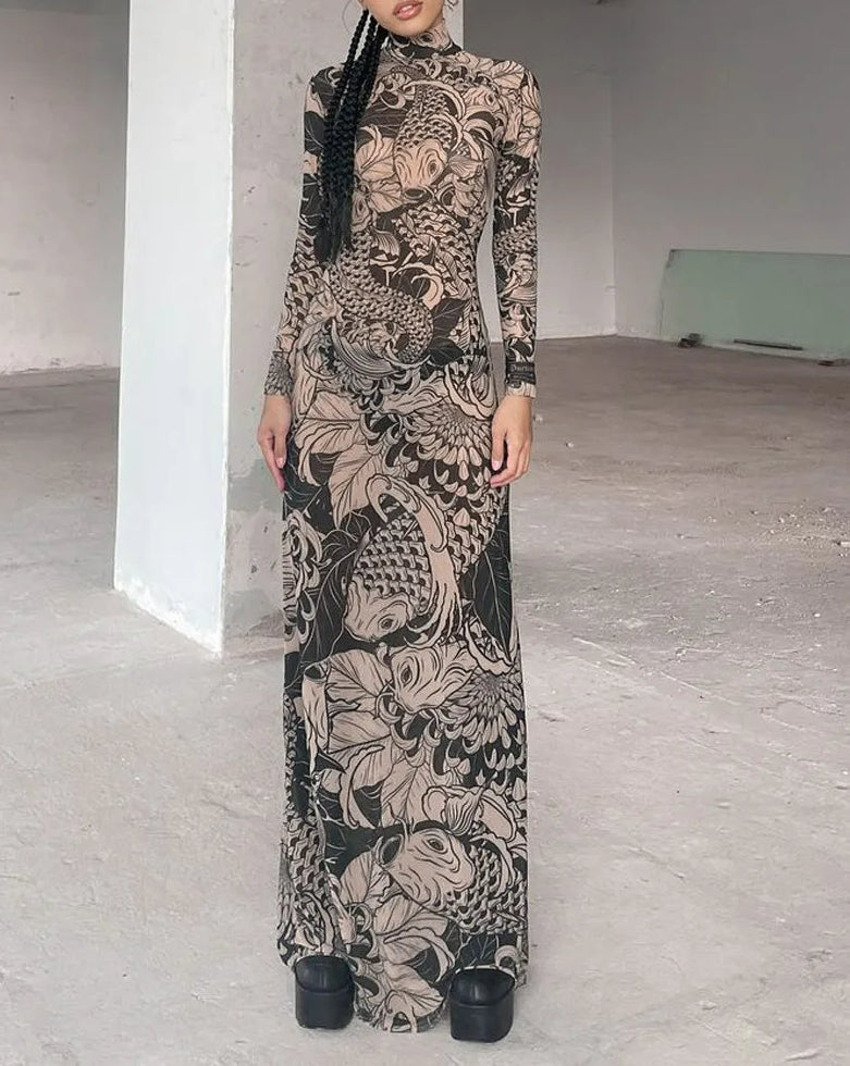 Graphic Turtleneck Long Sleeve Maxi Dress