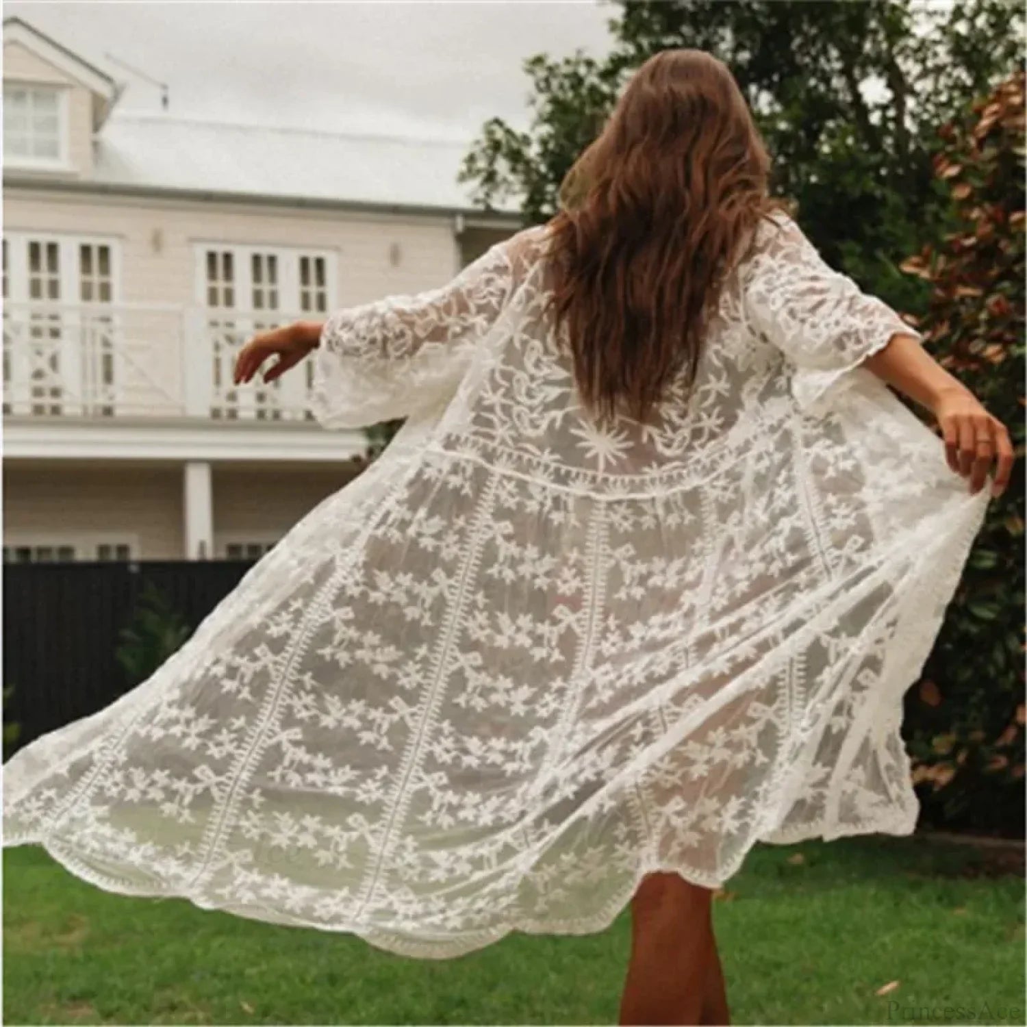 Crochet Kaftan Tunic Summer Beach Cover Up white2 / One Size