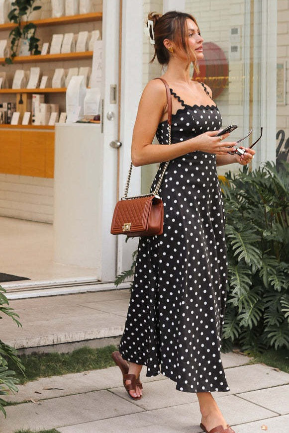 Boho Polka Dot Lace Trim Cami Maxi Dress