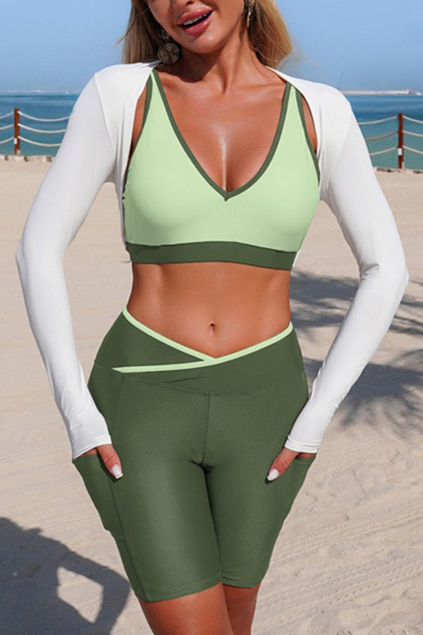 Stylish V-neck Pocketed Stretch Two-piece Bikini Swimsuit and Solid Color Long-sleeved Cover-up Set