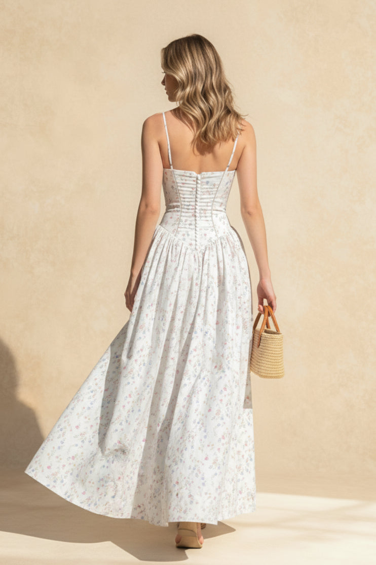 Chiffon Pleated Floral Off Shoulder Maxi Dress