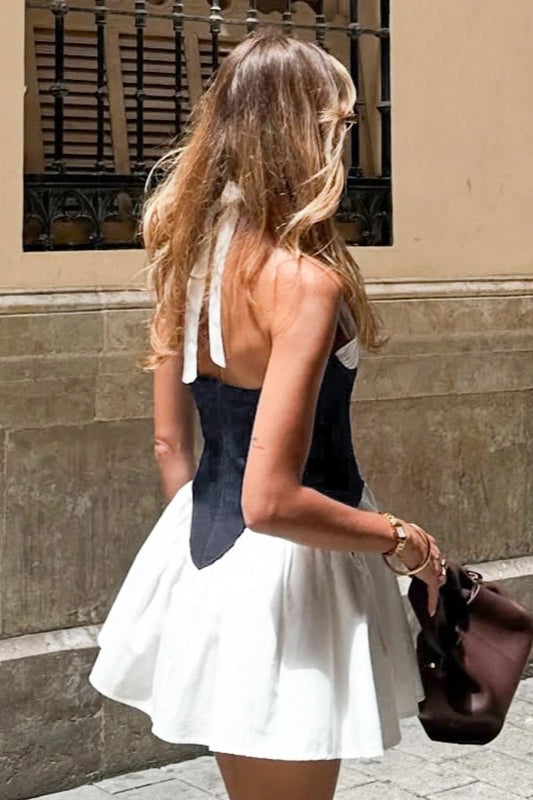 Colorblock Halter Tie Mini Dress