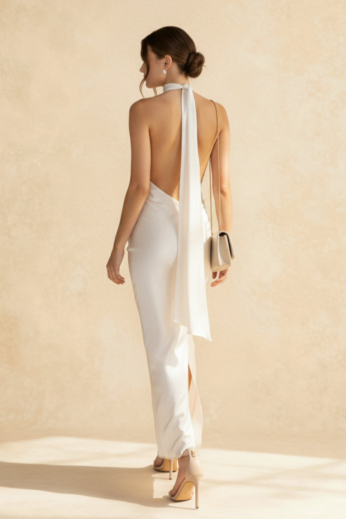 Vintage Solid Satin Backless Maxi Dress