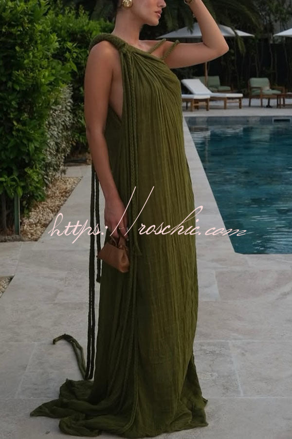 Khloe Linen Blend One Shoulder Draped Braids Cover Up Maxi Dress