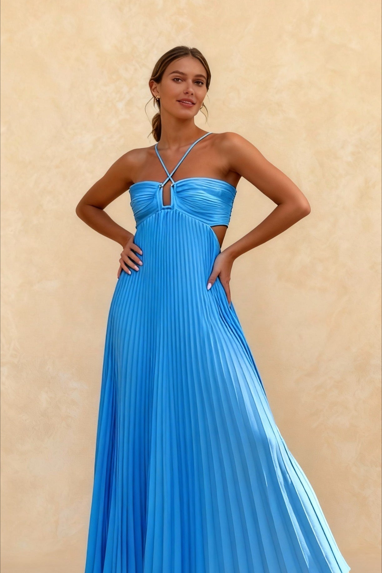 Pleated Blue Halter Maxi Dress
