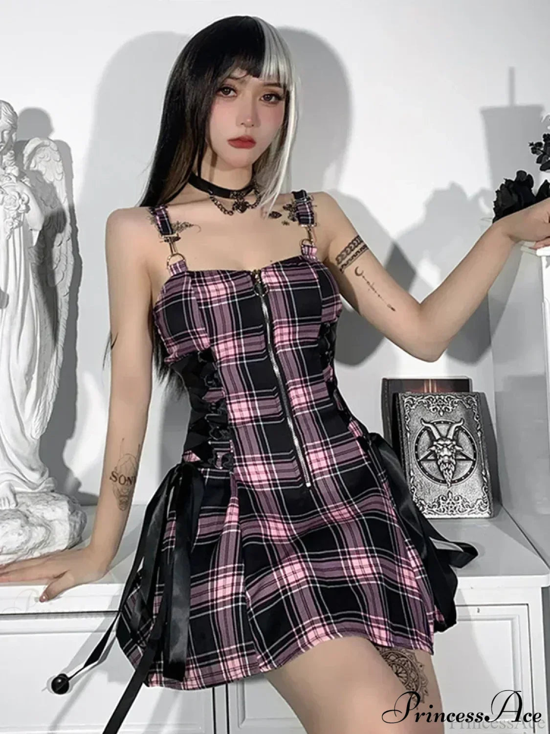 High Waist Spaghetti Strap Plaid Mini Dress