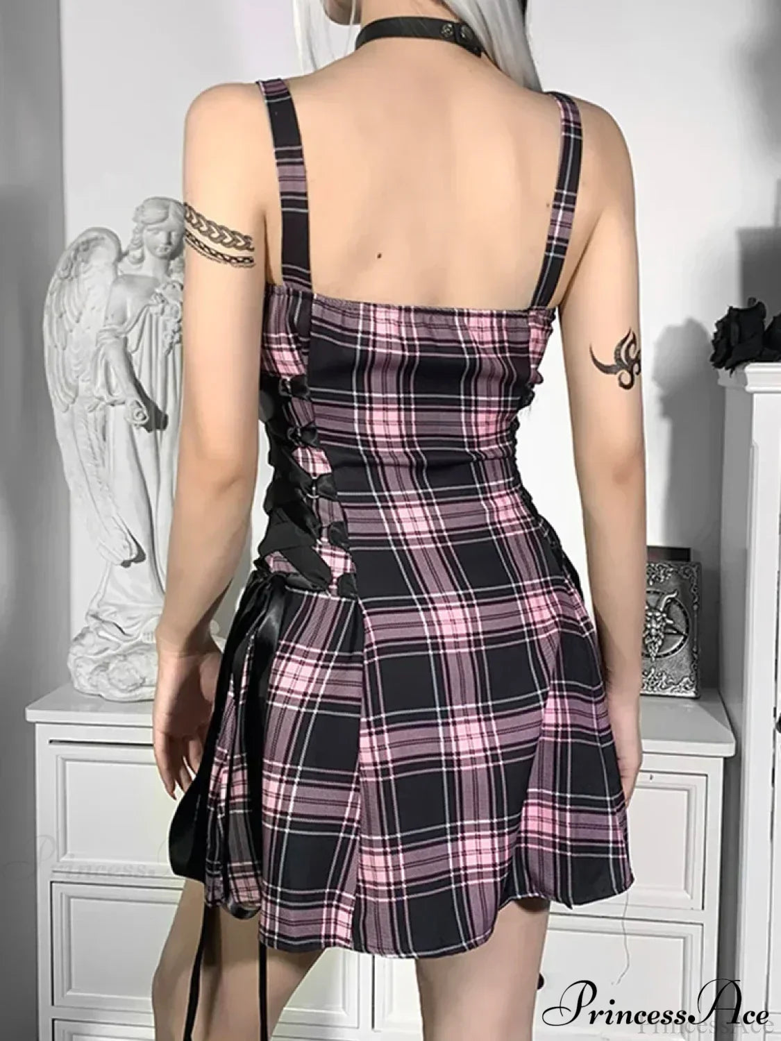High Waist Spaghetti Strap Plaid Mini Dress
