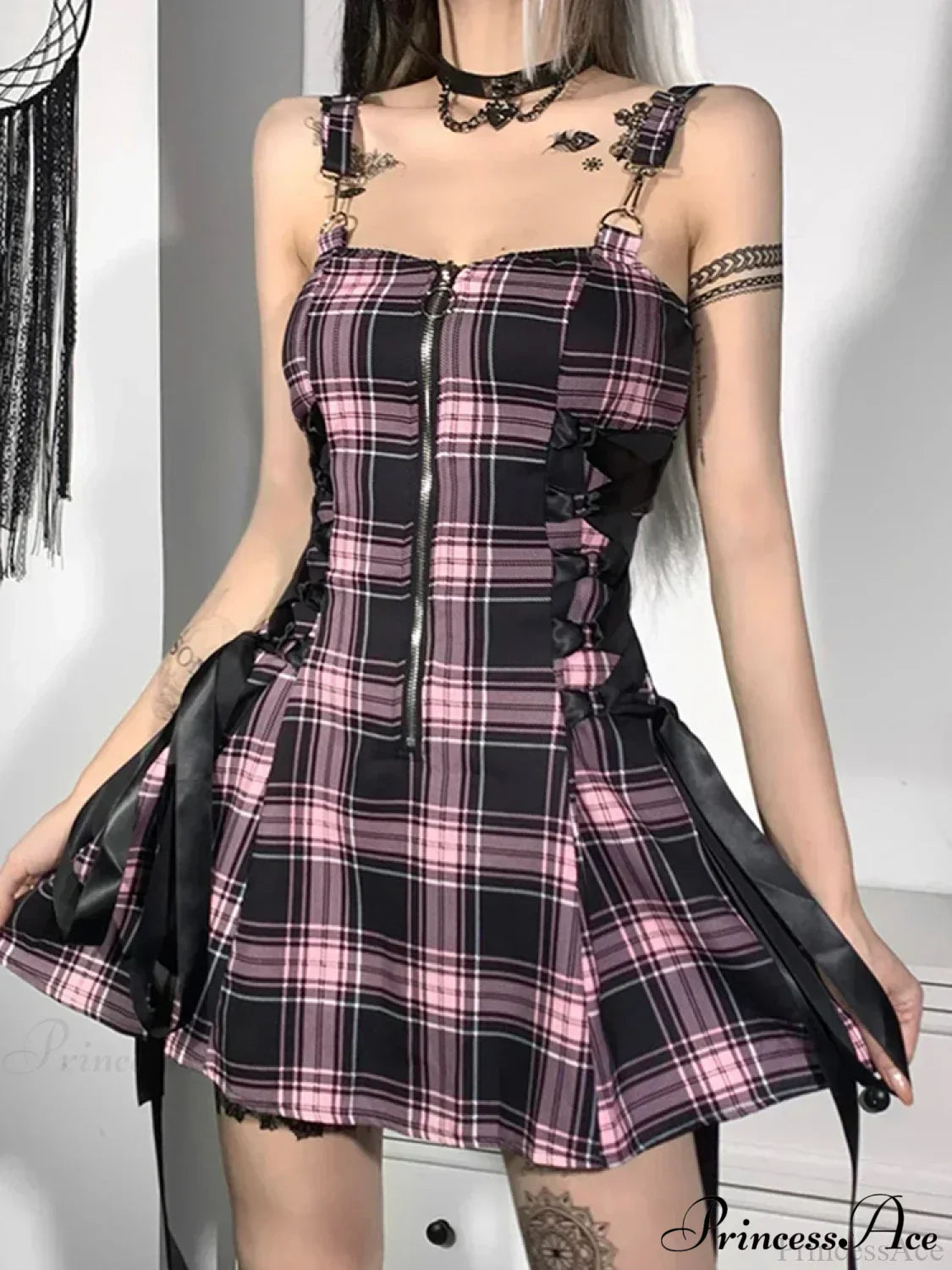 High Waist Spaghetti Strap Plaid Mini Dress