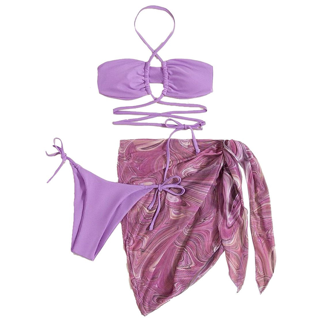 Cross front halter hollow out self tie mini dress 3 piece swimwear - Fashionpara